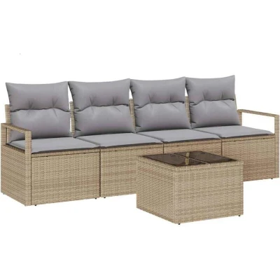 Image of vidaXL 5 Piece Garden Sofa Set with Cushions Beige Poly Rattan