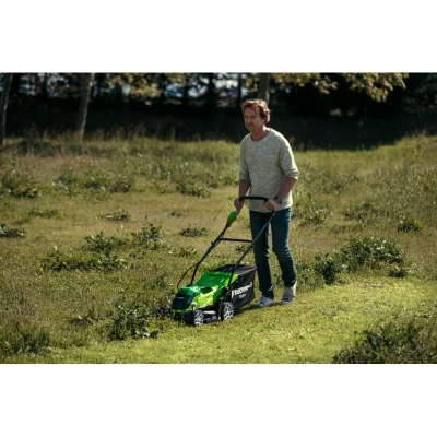 Image of Greenworks 40V Cordless Lawnmower for Lawns up to 200m², 35cm Cutting Width, 40L Bag PLUS 2Ah Battery &amp; Charger, 3 Year Guarantee G40LM35K2, Green, Black, Grey