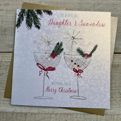 Image of WHITE COTTON CARDS DAUGHTER &amp; SON IN LAW COUPE GLASSES WITH SPARKLERS CHRISTMAS CARD, HAND FINISHED (C23 40)