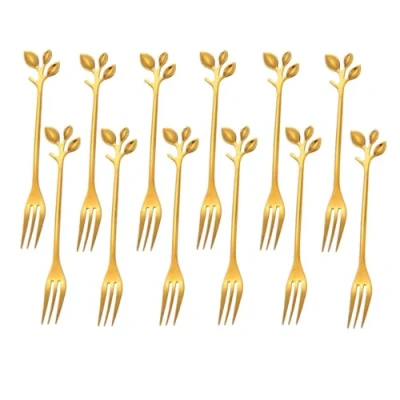 Image of 12 Pieces Stainless Steel Leaf Shape Mini Dessert Forks Set, 4.7&quot; Home Kitchen Tableware Demitasse Dishwasher Safe Cake Creative Stirring Mixing Sugar Stir Ice Cream Fruit Fork