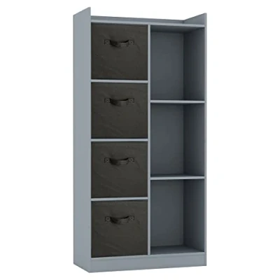 Image of URBNLIVING Tall Wooden 7 Cube Bookcase Shelving Display Storage Unit Cabinet Shelves New (Grey Bookcase) (Black Drawer)