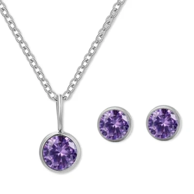 Image of AOWVUTS Birthstone Jewellery Set for Women, February Violet Stainless Steel Pendant Necklace and Stud Earrings Set, Silver Cubic Zirconia Birthday Jewelry Present Women Girl
