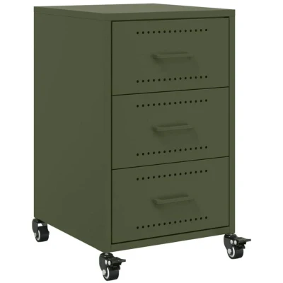 Image of vidaXL Olive Green Steel Bedside Cabinet Nightstand/End Table with Door and 2 Compartments, 36x39x59 cm Stable Easy to Move