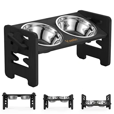 Image of Vantic Raised Dog Bowl Adjustable Bowls on Stands, Elevated for Small Dogs and Cats, Durable Bamboo Feeding Station with 2 Stainless Steel (18oz) Non Slip Feet