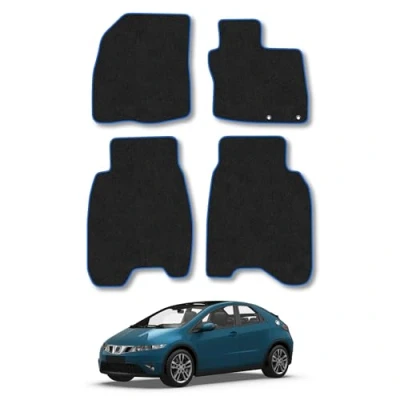 Image of Car Mats Compatible with Honda Civic (2006 2008) Tailored Fit Blue Trimmed Carpet Floor Mat Set Accessory Black Custom Fitted 4 Pieces Clips Anti Slip Backing &amp; Trim Edging