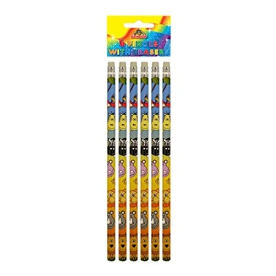 Image of HENBRANDT Children’s Jungle Animal Pencils with Erasers Pack of 6 Kids Stationery Gift Birthday Xmas Party Favour Loot Bag Filler for Boys and Girls