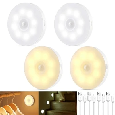 Image of Wonkelly Night Light with Motion Sensor, USB C Rechargeable, Dimmable Lamp Sensor Indoor, Warm Light/White Light, Stair Lighting, Auto/On/Off for Hallway, Children&#039;s Room, Cupboard