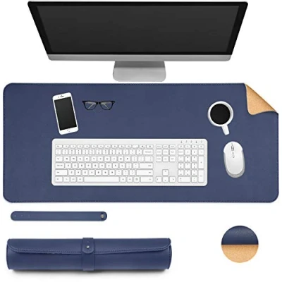 Image of Ewolee Desk Pad, Office Mat 70 * 30cm Natural Cork PU Leather Protector Non Slip Waterproof Laptop Keyboard Mouse for Home School(Dark Blue + Cork)