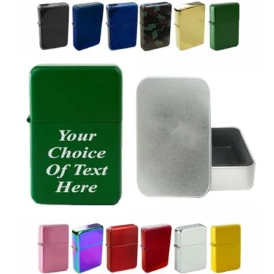 Image of Personalised Engraved Lighter for Birthday, Fathers Day, Anniversary, Choice of Colours With Luxury Gift Tin Packaging (Green)