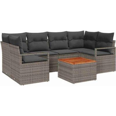 Image of vidaXL 7 Piece Garden Sofa Set with Cushions Grey Poly Rattan Acacia
