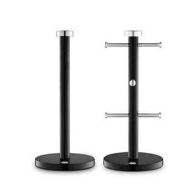 Image of Swan SWKA18531BLK Townhouse Towel Pole and 6 Mug Tree Set with Colour Coated Iron, Chrome Accents Weighted Bases, Black