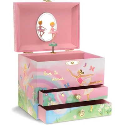 Image of Jewelkeeper Ballerina Jewellery Box for Girls Elegant Design with Two Drawers and Twirling Figurine Keepsake Stylish Key Lock 15 x 10.8 8.6 cm