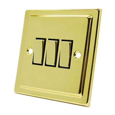 Image of Victorian Polished Brass 3 Gang Switch Black Insert Metal Rocker 10 Amp Triple 2 Way Light