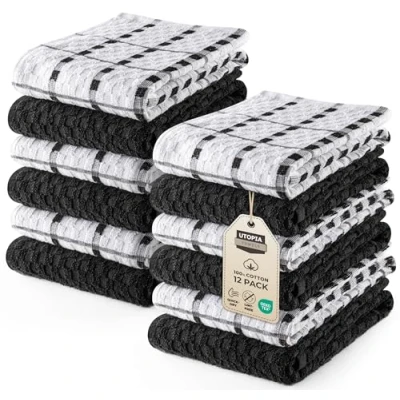 Image of Utopia Towels 12 Kitchen Set 38 x 64 cm 100% Ring Spun Cotton Super Soft and Absorbent Dish Towels, Tea Bar (Black)