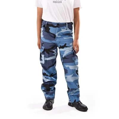 Image of BACKBONE Boys Girls Kids Combat Army Ranger Camping Outdoor camo Cargo Pants Trousers, Sky Blue Camo, L