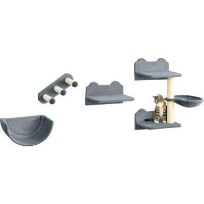 Image of PawHut 4PCs Wall Mounted Cat Tree Shelves Furniture Climbing Shelf Set Kitten Activity Centre with Hammock, Scratching Post Grey