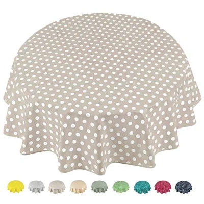 Image of Home Direct Round Oilcloth PVC Wipe Clean Tablecloth Table Cover 140cm 55&quot; Polka Dot Beige Grey