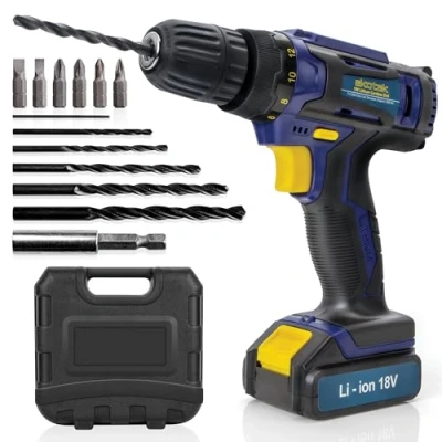Image of Skotek Cordless Drill Driver 18V Lithium Ion, 13Pc Electric Screwdriver Set, LED Work Light, Quick Change Power Battery with Charger &amp; Carry Case Included