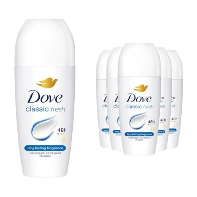Image of Dove Roll On Classic Antiperspirant up to 48H of Sweat and Odour Protection with Long Lasting Fresh Clean Fragrance Travel Size Deodorant For Women, 50ml Pack 6