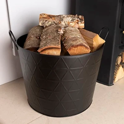 Image of CHARLES BENTLEY Log Bucket, Snug, Yew, Small, Fireside Contemporary Design, Iron, Matte Black, Triangular Embossed Body, Solid Metal Handles, 4KG Capacity, Powder Coated (40x37x35cm)