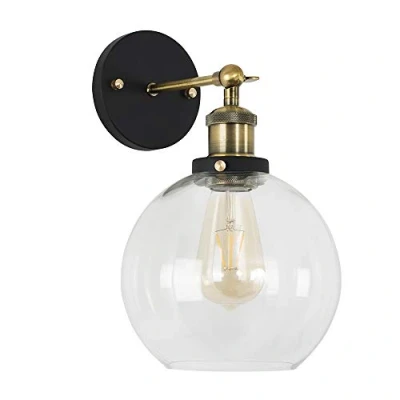 Image of MiniSun Industrial Steampunk Style Black and Gold Wall Light Fitting with an Amber Tinted Clear Glass Globe Shade Complete 4w LED Filament Bulb [2700K Warm White]
