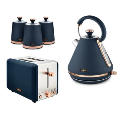 Image of Tower Cavaletto 1.7L 3 KW Pyramid Kettle, 2 Slice 850W Toaster and Set of Tea, Coffee &amp; Sugar Canisters. Contemporary Matching Kitchen 5 Items in Midnight Blue Rose Gold