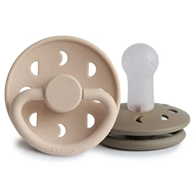 Image of FRIGG Moon Phase Silicone Pacifier Pack of 2 Soother Dummy BPA Free Made in Denmark Symmetrical Cherry Shaped Nipple (Croissant/Portobello (6 18 Months))