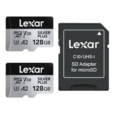 Image of Lexar Silver Plus 128GB 2 Pack Micro SD Card up to 205 MB/s, MicroSDXC UHS I Memory with Adapter, C10, U3, A2, V30, Full HD, 4K UHD, High Speed TF for Drone, Action Camera, Handheld Consoles