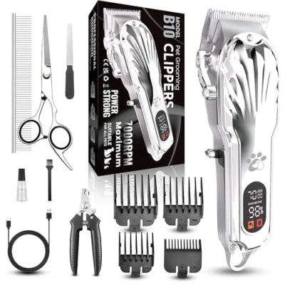 Image of Dog Clippers Professional for Thick Hair, Pet Dogs Cordless LED Display Low Noise Rechargeable Trimmer with Grooming Nail Kits (Silver)