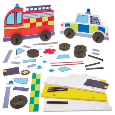 Image of Baker Ross FN062 Emergency Vehicles Push Along Kits Pack of 5, Creative Craft for Kids to Make