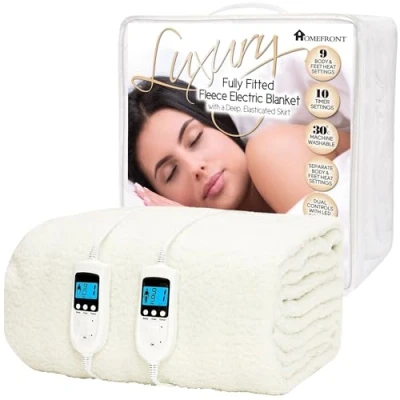 Image of Homefront Electric Blanket King Size Bed Dual Control 152x203x40cm Fleece Fitted Heated Mattress Cover Underblanket with Skirt Overheat Protection Body and Feet Fast Heat Machine Washable