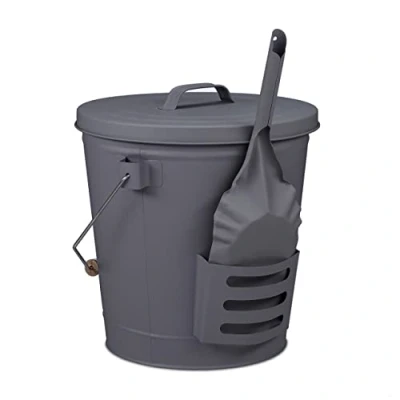 Image of Relaxdays Ash Bucket with Lid &amp; Shovel, 90% steel 10% wood, Grey, 36x35x35 cm