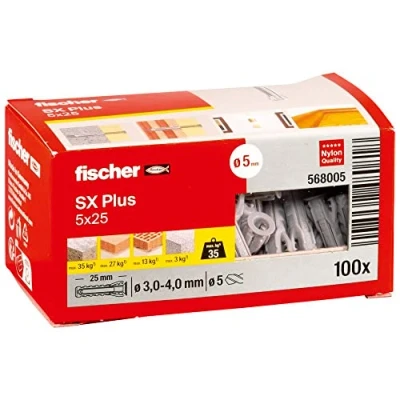 Image of fischer 568005 SX Plus Expansion Wall Plug, 5mm x 25mm, Pack of 100