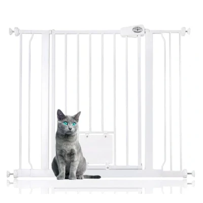 Image of Bettacare Pet Gate with Lockable Cat Flap, 94.3cm 102.3cm, White, 75cm in Height, Dog Safety Barrier Easy Installation