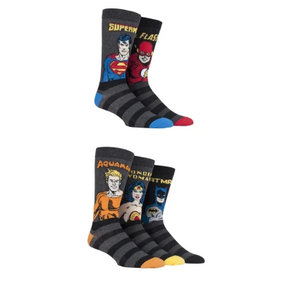 Image of 5 Pair Assorted Justice League Aquaman, Flash, Superman, Batman and Wonder Woman Socks Unisex 6 11 Mens Film &amp; TV Characters