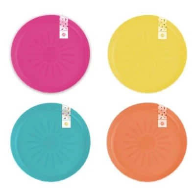 Image of Gem Imports Assorted Summer Colour Sun Design Round Reusable Plastic Plates 18cm Pack of 4