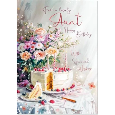 Image of doodlecards Aunt Birthday Card Cake and Flowers Medium Size with Plain Envelope