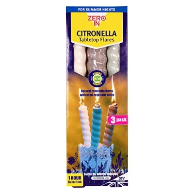 Image of Zero In Citronella Table Top Flares Close to Home 3 Pack, Scented, Natural, Repels Mosquitoes, For Gardens and Patio Areas