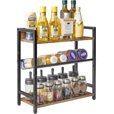Image of IBUYKE 3 Tier Spice Rack Industrial Counter Shelf,Desktop Storage Organizer,Standing Seasoning for Countertop Kitchen,Office,Living Room,Rustic Brown TLJ021H