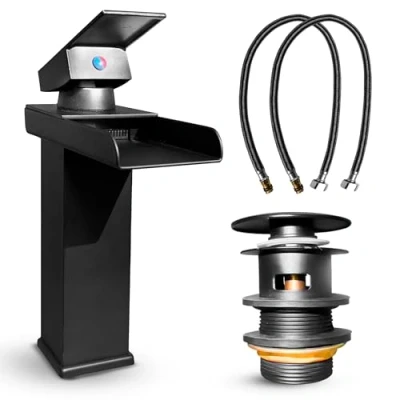 Image of MSC Black Waterfall taps for Bathroom Sink Mixer Tap with Mono Square Single Lever, Modern Durable Solid Brass Construction and Smooth Water Flow, WF