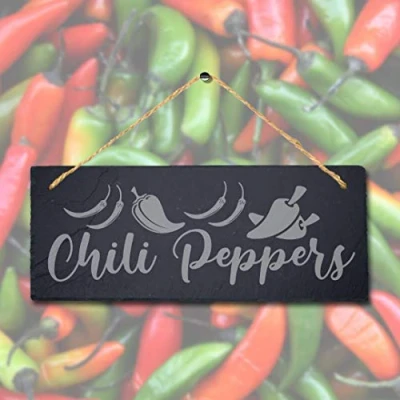 Image of Stukk Chili Pepper Hanging Vegetable Patch Garden Allotment Sign, Natural Engraved Slate Stone Plaque, 30x12cm (Large)
