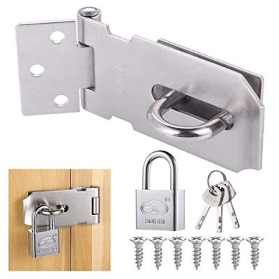 Image of Door Hasp and Staple with Padlock, 90 Degree Lock Keys Screws, Stainless Steel Garden Gate Lock, Bedroom Extra Security, Shed for Wooden Storage Box