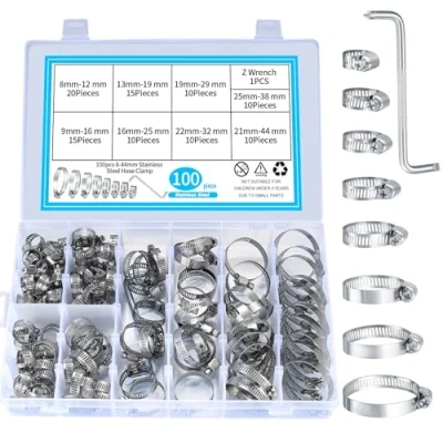 Image of 100 Pcs Hose Clips Adjustable 8 44mm Range, Stainless Steel Clamps Assorted Kit, Water Pipes with Screwdriver for Pipe, Automobile Gas Pipe