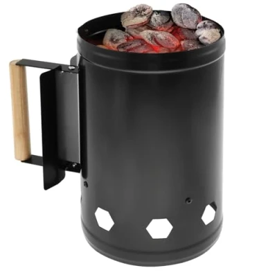 Image of Charcoal Chimney Starter with Wood Handle Rapid Fire Briquette BBQ Large 27.5x16.5cm for Grill Barbecues Camping