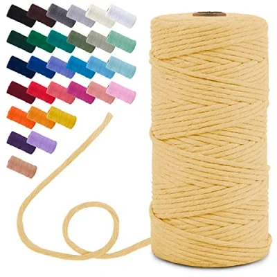 Image of Uiopa Macrame Cord 3mm x 100m, Single Strand Yarn Thick Thread Natural Cotton Cord, Coloured Craft String for DIY Crafts, Wall Hanging, Plant Hanger, Tassels (Light Yellow)
