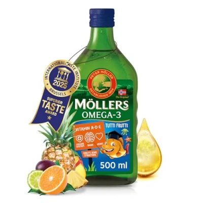 Image of Moller’s ® Omega 3 for kids cod Liver Oil Nordic Dietary Supplements with EPA, DHA, Vitamin A, D &amp; E Pure, Natural Liquid 166 year old brand Tutti Frutti Taste 500 ml