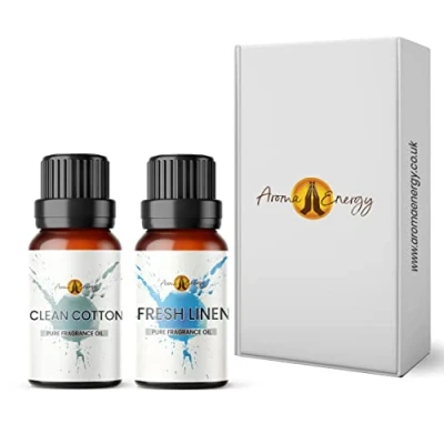 Image of Clean Cotton &amp; Fresh Linen Fragrance Oil Set 2 x 10ml Diffuser for Home, Candle Making, soap, Wax Melts, Massage, Perfume, Aromatherapy Gift Box Vegan Made in UK