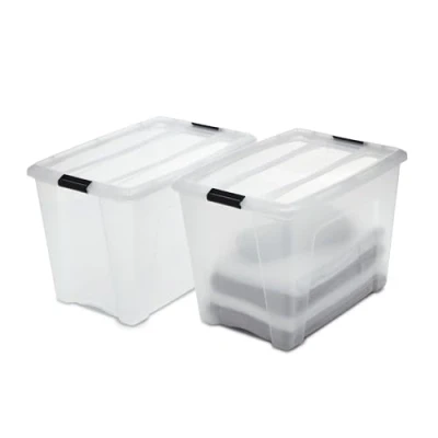 Image of Iris Ohyama Storage Boxes with Lids, 60L, Set of 2, Clear, Secure Buckles, Stackable, Pull Handles, For Bedroom, Closet, Office, Organisation, BPA Free Plastic, Clothes Tote, NTB 60