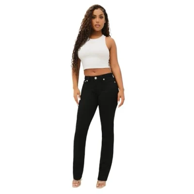 Image of True Religion Women&#039;s Billie Mid Rise Straight Stretch Single Needle Stitching Jeans Pant, Black Body Rinse, 32