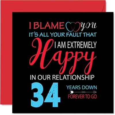 Image of Funny 34th Anniversary Card for Husband Wife Your Fault I&#039;m Extremely Happy Wedding Partner, 145mm x Greeting Cards Thirty Fourth Anniversaries